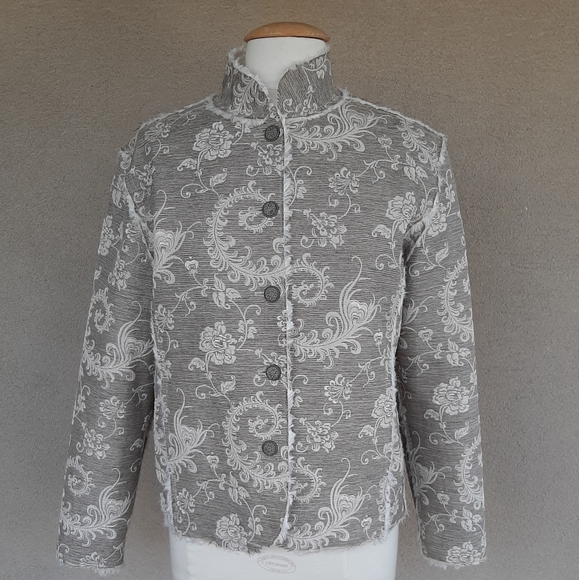 Chico's Women's Jacket Brocade Fuax Fur Fringe - Picture 5 of 15